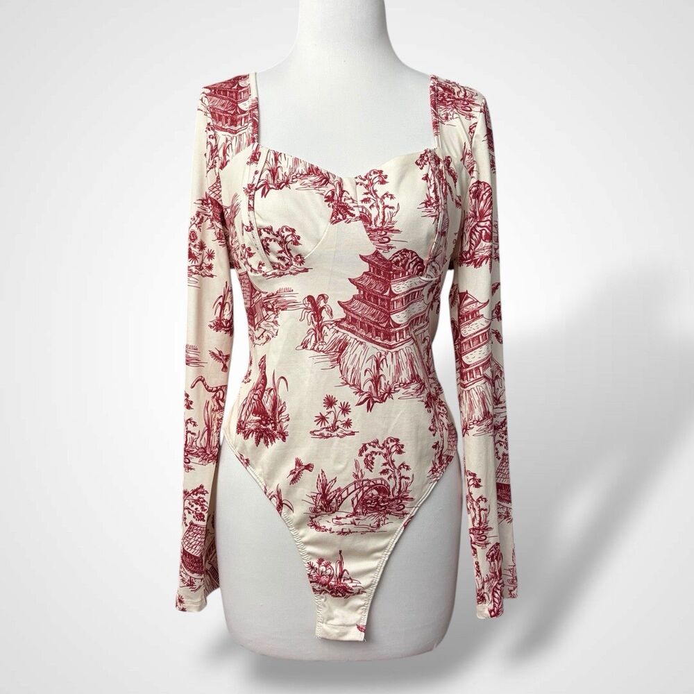 Yozy Bodysuit Women One Piece Body Blouse Size XXL 14 Cream Burgundy Long Sleeve